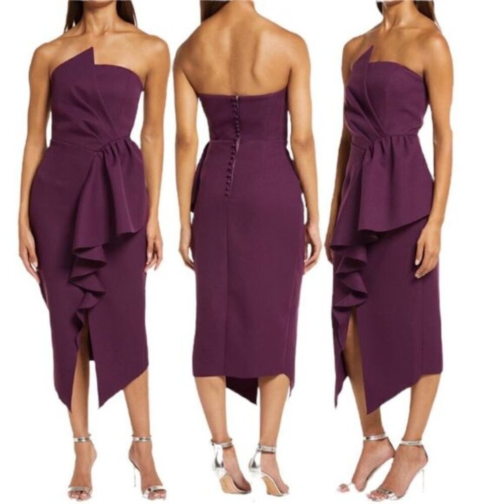 Elliatt Reception Cascade Ruffle Strapless Structured Cocktail Midi Dress Small